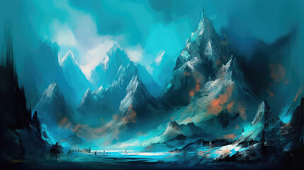 Wall Mural - abstract mountain background art paintings blue fantasy. generative ai