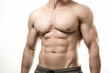 © MVProductions - Male abdominal muscles, Bodybuilder shows abs, White background, High quality Generative AI