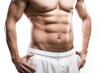 © MVProductions - Male abdominal muscles, Bodybuilder shows abs, White background, High quality Generative AI