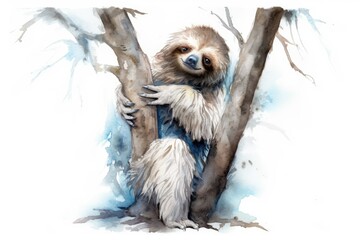 Canvas Print - sloth resting on a tree branch, painted with watercolors. Generative AI