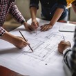 © WS Studio 1985 - Engineer Teamwork Meeting, Drawing Working on Blueprint Meeting for Project, Working with Partner on Model Building and Engineering Tools on Worksite, Construction and Structure Concept. generative ai