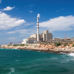 Poster - large thermal power plant constructed along the coasts. generative ai