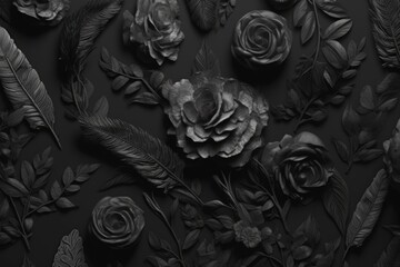 Sticker - black and white flowers and feathers. Generative AI