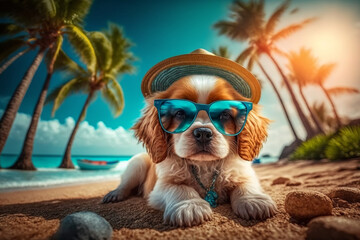 Wall Mural - Cute puppy in a hat and sunglasses is resting on the sea coast under palm trees. AI Generated