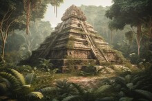 Illustration Of A Hidden Pyramid Temple In The Amazon Jungle On A White Background. Generative AI