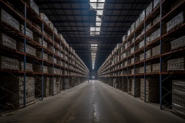 Wall Mural - spacious warehouse with rows of shelves for storage. Generative AI