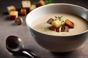 Wall Mural - Creamy mushroom soup in a white bowl on rustic wooden table. Generative AI