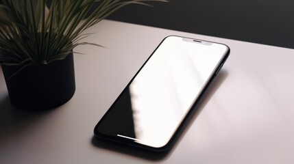 Canvas Print - A cell phone sitting on top of a table next to a plant. AI generative image. Mockup.