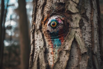 Sticker - A tree with a face painted on it. AI generative image.