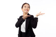 © NT_studio - Portrait young asian business woman presenting isolated on white background, advertising and marketing, executive and manager, businesswoman standing with confident showing something with expression.