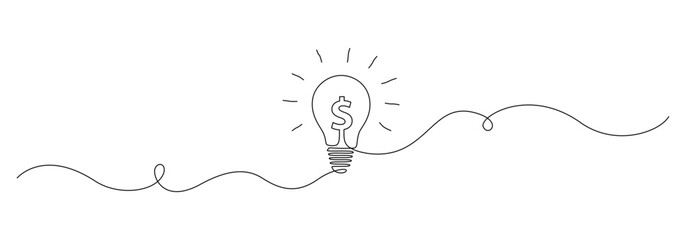 One continuous line drawing of light bulb with dollar sign. Money making idea and high cost of electricity creative concept in simple linear style. Financial saving energy. Doodle vector illustration