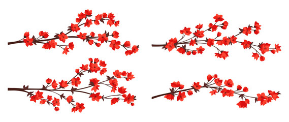 Cherry blossom sakura twigs with red flowers collection. Elegant Japanese blooming branches plant with flowers set. Asian Chinese spring decorative cherry blossoming. Vector oriental illustration