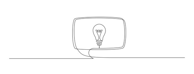 Wall Mural - One continuous line drawing of speech bubble with light bulb. Creative idea and help dialogue frame concept in simple linear style. Brainstorm and info message symbol. Doodle vector illustration