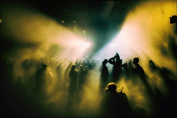 Nightclub with misty smoke environment, dreamy silhouette crowd dancing along with the music, rave party with techno theme with DJ live performance in music festival. Superb Generative AI.