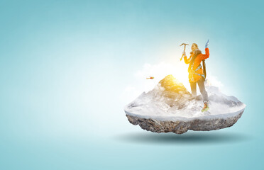 Poster - Mountaineer reaches the top of a snowy mountain