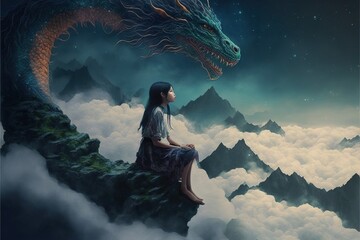 Wall Mural - Chinese girl sitting on top of mountain above the cloud with her dragon against night sky with beautiful cloudscape in background. A fantasy night sky and dragon girl artwork. Superb Generative AI.