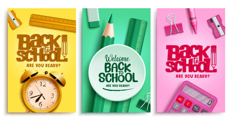 Wall Mural - Back to school vector poster set design. School back text in empty space with educational elements. Vector illustration education background collection.