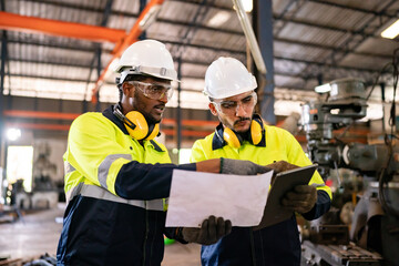 Technical engineer workers working in control room plant at industry factory to service maintenance on engineering machine, production technician occupation in global industrial business concept
