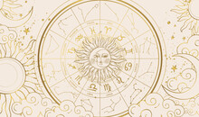 Zodiac Wheel With 12 Signs And Constellations, Astrology Vintage Banner With Golden Sun And Moon, Horoscope Background. Hand Drawn Vector Illustration, Modern Aesthetic.