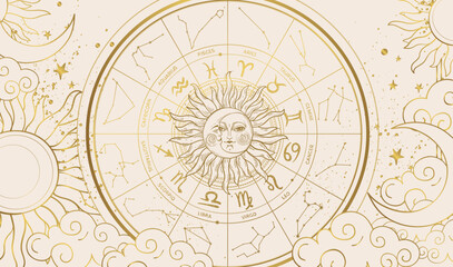 zodiac wheel with 12 signs and constellations, astrology vintage banner with golden sun and moon, ho