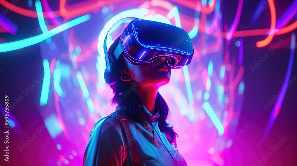 woman in VR glasses in neon space, digital art illustration, Generative ...