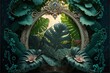 Rococo designed oval decoration with exotic jungle and tropical plant. Foliage and greenery in renaissance style garden covered decorative object. Superb Generative AI