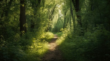 Summer Forest Pathway with Vibrant Foliage, Generative AI