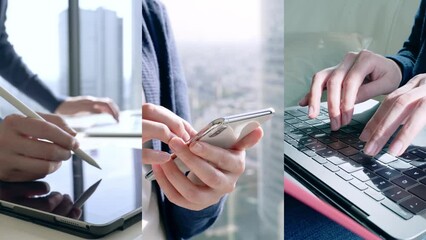 Aufkleber - Collage movie of people using digital devices concept. Wipe transition from white background.