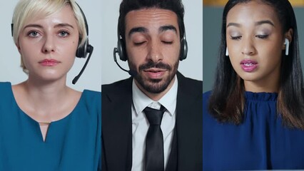 Wall Mural - collage movie of multi national people talking with headsets concept. wipe transition from white bac