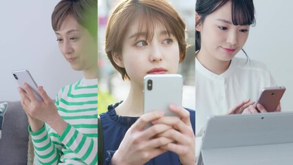 Aufkleber - スマホを使う女性グループのコラージュ映像　白バックからのワイプトランジション