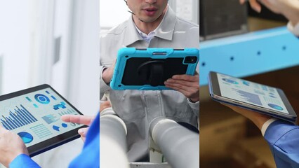 Aufkleber - Collage movie of engineer inspecting equipment using a tablet concept. Wipe transition from white background.