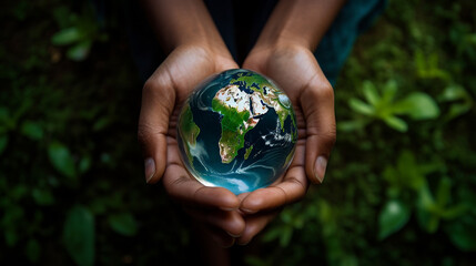 top view of hands holding protect the earth on a nature background, protect nature, save earth, conc