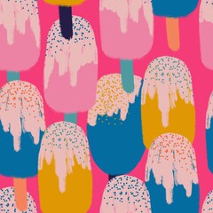 Hand drawn seamless pattern with ice cream popsicle sweet food. Pink yellow green on hot hyper pink background. Summer colorful print with frozen tasty dessert, doodle funny style, whte chocolate