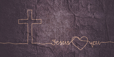 Wall Mural - Cross and Jesus loves you text in thin lines style