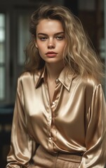 view incredibly cute blond woman gold shirt pants posing sleepy fashion model face city flowing silk sheets young chase clear bronze angry stunning, generative ai