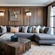 11 A transitional-style family room with a sectional sofa, a mix of patterned and solid fabrics, and a statement coffee table5, Generative AI