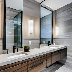 Wall Mural - 6 A sleek, modern bathroom with a mix of natural stone and glass finishes, a floating vanity, and a large, frameless mirror1, Generative AI
