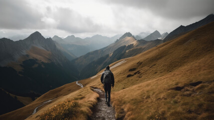 Wall Mural - person hiking in a beautiful mountain, generative ai
