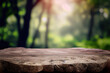 Empty stone table for product advertising display in fresh green jungle blur background . Admirable Generative AI image .