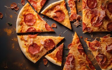 Wall Mural - Tasty pepperoni pizza and cooking ingredients tomatoes basil on black concrete background. Top view of hot pepperoni pizza. With copy space for text. Flat lay. Banner. Generative Ai.