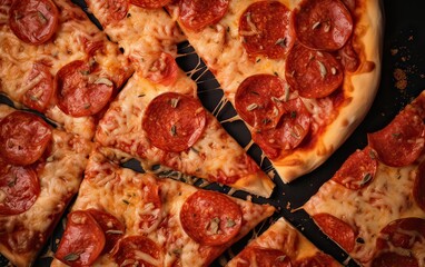 Wall Mural - Tasty pepperoni pizza and cooking ingredients tomatoes basil on black concrete background. Top view of hot pepperoni pizza. With copy space for text. Flat lay. Banner. Generative Ai.