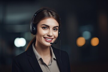 Poster - Attractive business woman Asian in suits and headsets are smiling while working with computer at office. Customer service assistant working in office. Generative Ai.