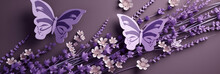 Greeting Card For Happy Birthday Or Women's Day, Card In Purple Tones Decorated With Butterflies And Lavender, Generative AI