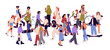 People crowd going on different businesses. Many diverse citizens walking outdoor, on street. Modern urban society concept. Lot of characters. Flat vector illustration isolated on white background