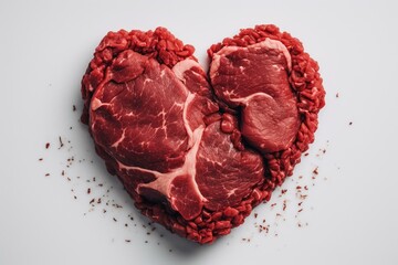 Artistic depiction of heart-shaped red raw beef on white, emphasizing love for food, minus any AI. Generative AI