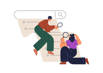 Wall Mural - online marketing analysis and seo concept. search engine bar, tiny people with magnifying glasses su