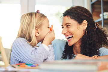 Canvas Print - Education, play and mother and girl in home for lesson, homework and learning together. Child development, laughing family or mom and kid with educational toys for homeschool, playing or fun activity