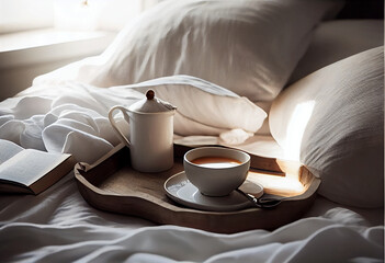 Wall Mural - Wooden tray with coffee and interior decor on the bed with white linen. AI Generated