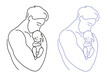 A young man, a father, gently holds newborn baby in his arms, hugs him. Line drawing.