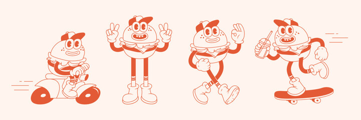 Wall Mural - Burger retro cartoon fast food stickers. Comic character with happy smile face and other elements for burger bar, cafe, restaurant. Groovy funky vector illustration in trendy retro cartoon style.